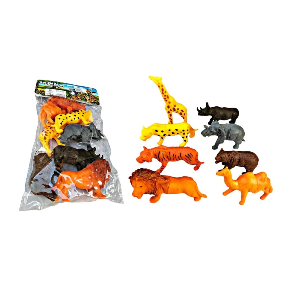 Assorted cardboard wild animal figures (Tiger, Cheetah, Giraffe, Elephant, Rhino, Lion, Camel, Bear) - Realistic PVC toys suitable for children 5+ years