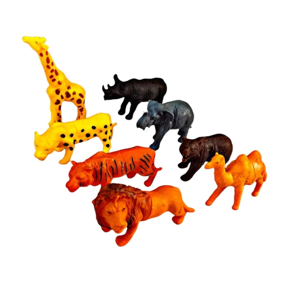 Assorted cardboard wild PVC animal toys set - Includes Tiger, Cheetah, Giraffe, Elephant, Rhino, Lion, Camel, Bear. Perfect for 5+ years, ideal for parties, education & rewards