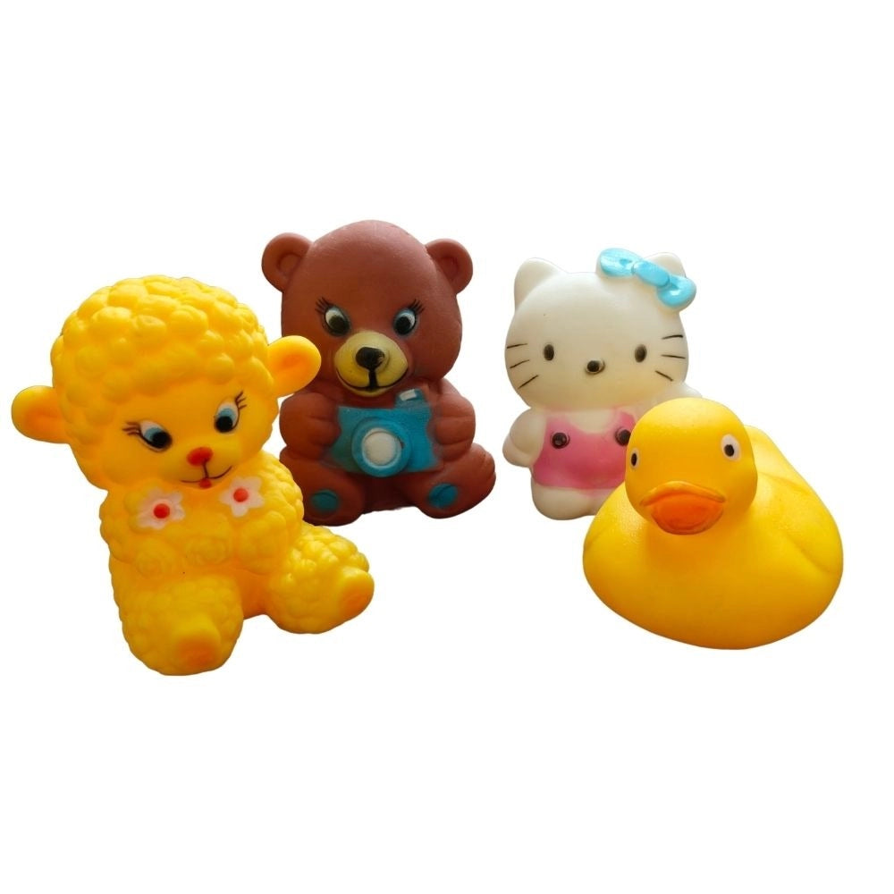 Assorted rubber Chu Chu mixed toys (Lamp-Kitten-Duck-Bear): Engaging sensory play for 6+ months, enhancing hand-eye coordination, auditory skills & visual development