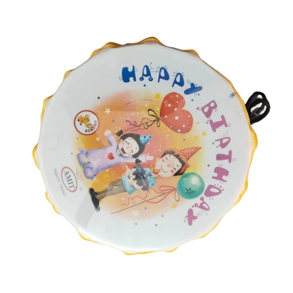 Assorted-colored plastic Happy BirthDay theme musical Dhol toy for 6+ months play