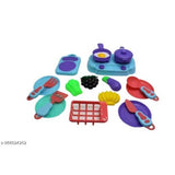Assorted plastic kitchen toys for kids aged 3+, includes saucers, plates, stove, fruits, vegetables, and more