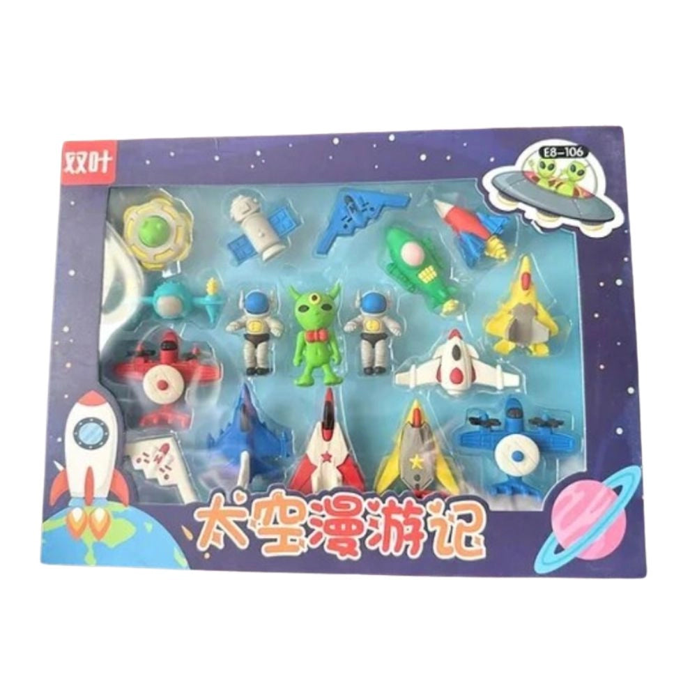 Assorted space-theme rubber erasers for kids stationery, ideal for gifts and prize boxes