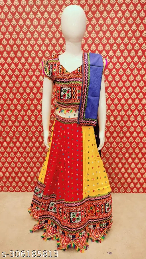 Embroidered cotton Multi Bandhni lehenga, short sleeves and net stitch detail for kids aged 4-5 years, Indian traditional attire