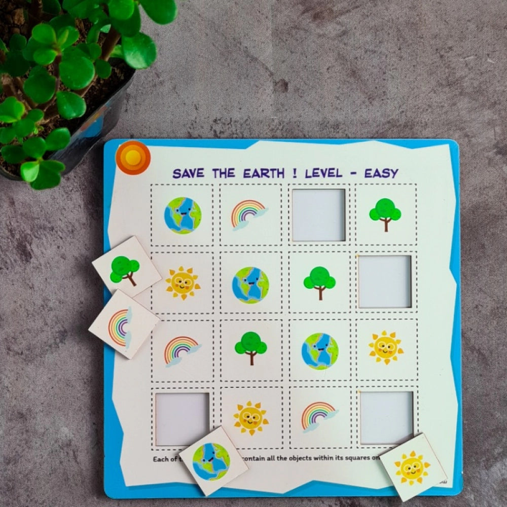 MultiColor wooden puzzle game for kids, promoting eco-friendly play with "Save the Earth" theme (10x10 inches)