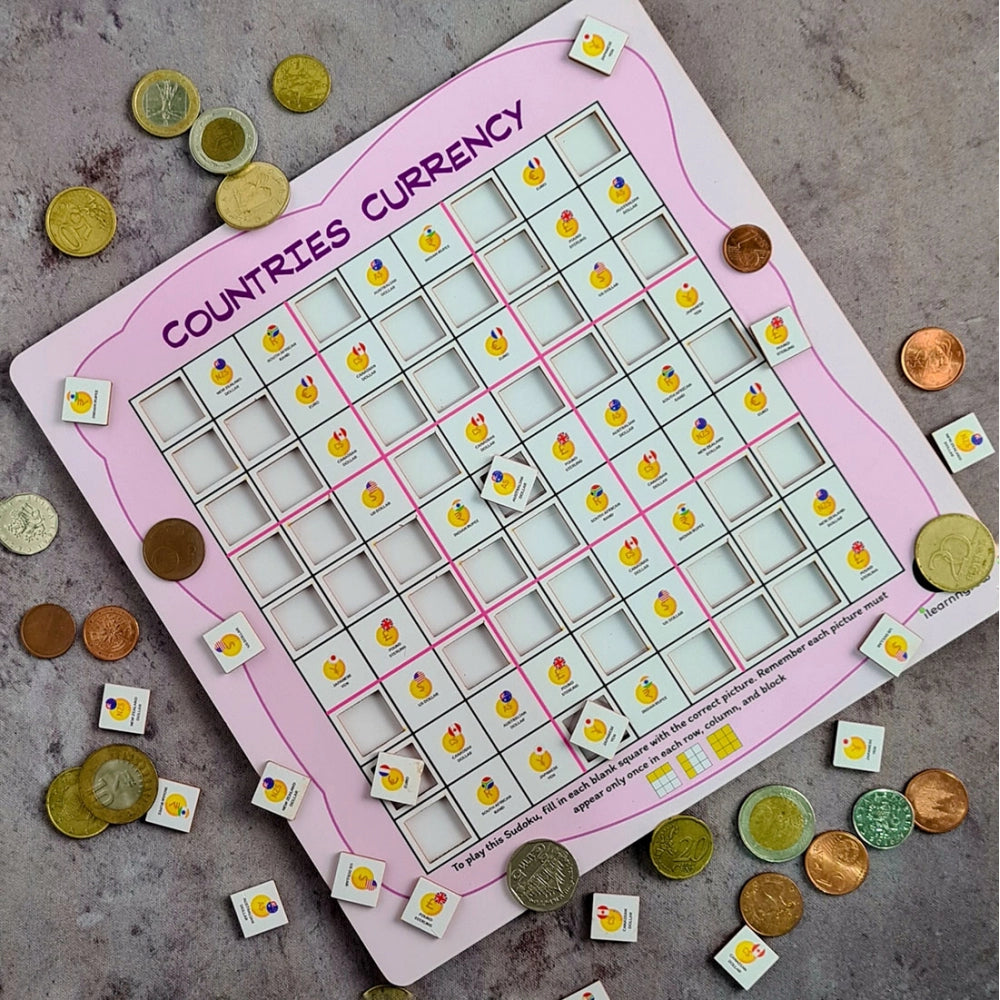 MultiColor wooden countries currency puzzle game toys, educational and fun for kids, 10x10 inches in size