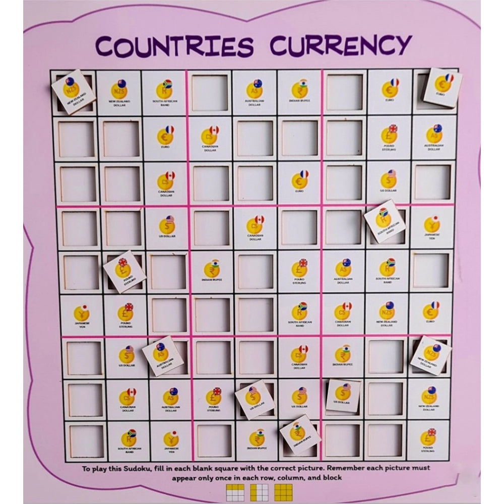 MultiColor wooden countries currency puzzle game, educational and fun 10x10 inches toy for family playtime