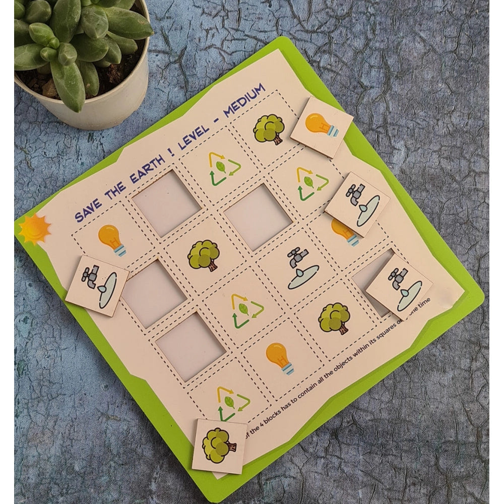 Multi-colored wooden "Save the Earth" puzzle, 10x10 inches, eco-friendly family game toy