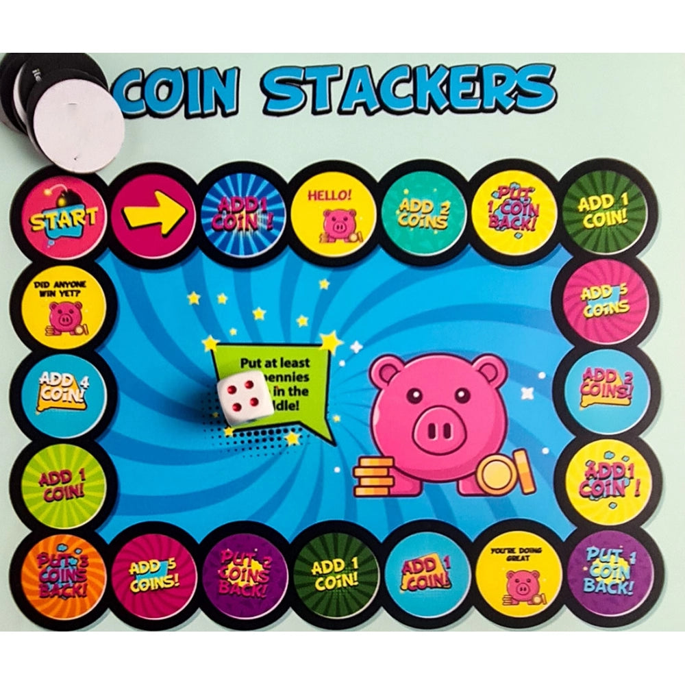 Multi-colored wooden coin stacker board game for family fun (10x10 inches)
