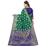 Green jacquard woven saree with unstitched blouse, vibrant and intricate pattern on display