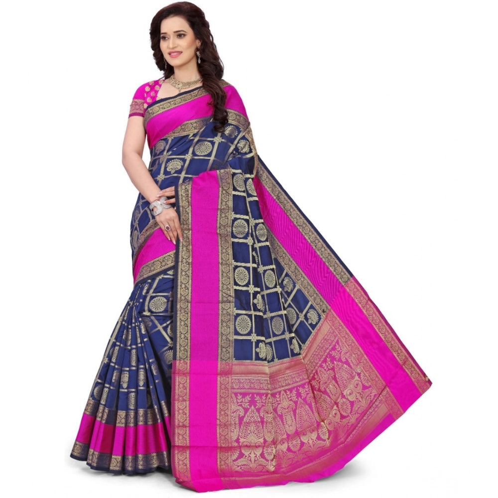 Blue jacquard woven saree with unstitched blouse, 5.5mtr length