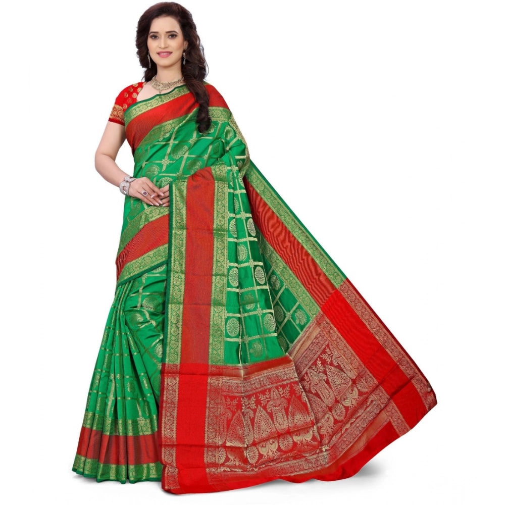 Green jacquard woven saree with unstitched blouse, 5.5mtr length