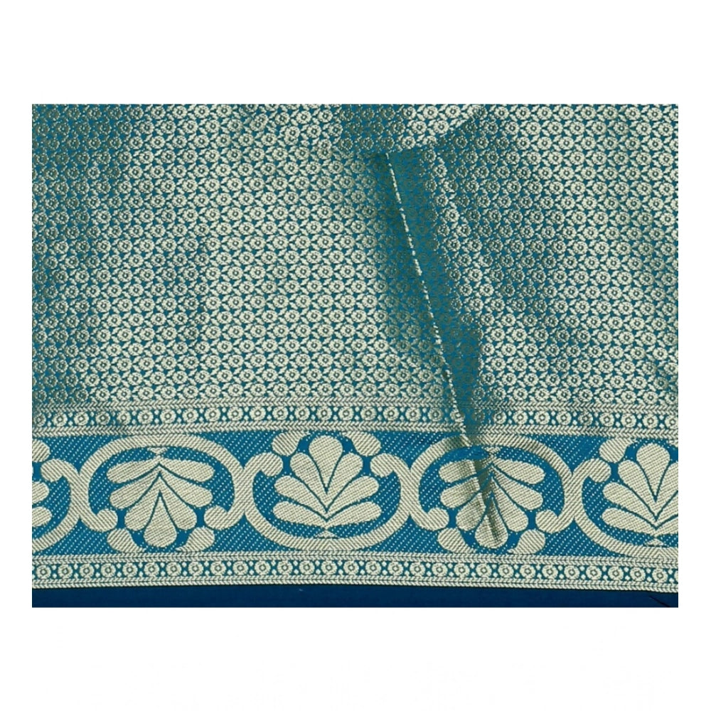 Dark blue jacquard woven saree with unstitched blouse, intricate patterns