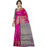 Pink jacquard woven saree with unstitched blouse, vibrant traditional Indian attire for women