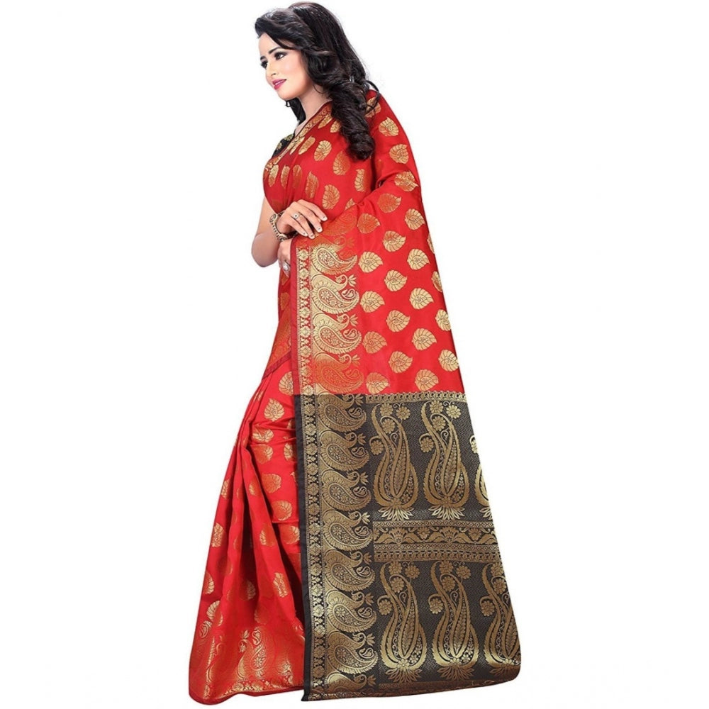 Red jacquard woven saree with unstitched blouse, traditional Indian attire for women's fashion
