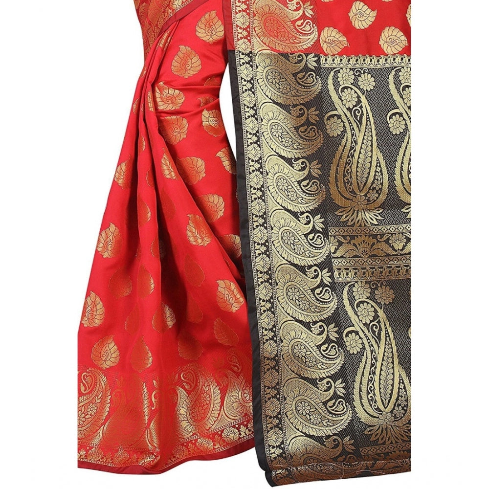 Red jacquard woven saree with unstitched blouse, vibrant traditional attire for women's fashion