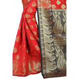 Red jacquard woven saree with unstitched blouse, vibrant traditional attire for women's fashion