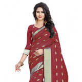 Red silk blend woven saree with unstitched blouse, vibrant and luxurious on model