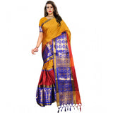 Mustard jacquard woven saree with unstitched blouse (5.5mtr) - vibrant Indian fashion accessory on hanger