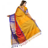 Mustard jacquard woven saree with unstitched blouse, vibrant traditional Indian wear for women
