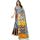 Light blue jacquard woven saree with unstitched blouse, intricate pattern on traditional Indian wear