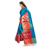 Multicolor jacquard woven saree with unstitched blouse, vibrant traditional Indian attire for women on display
