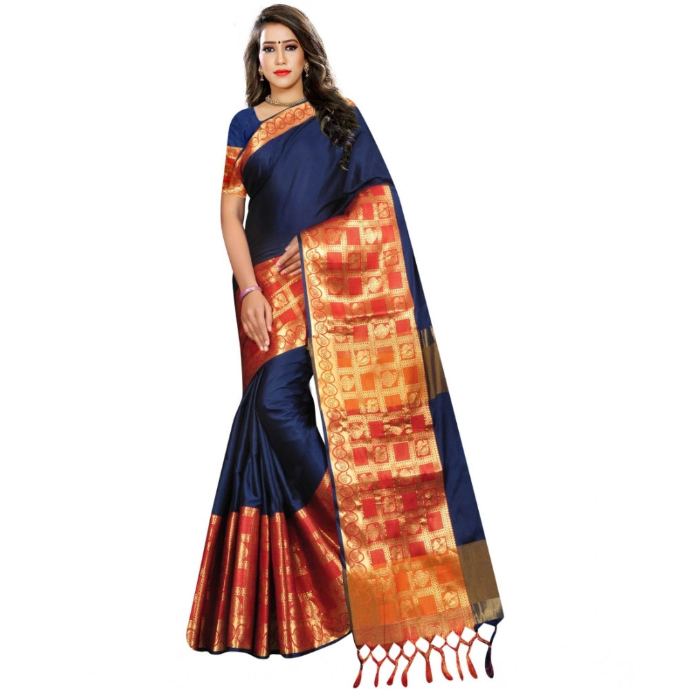 Blue jacquard woven saree with unstitched blouse, 5.5mtr length on mannequin