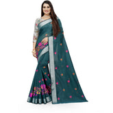 Women's Cotton Silk Embroidered Saree With Unstitched Blouse 5.5Mtr (Dark Green)
