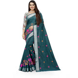 Women's Cotton Silk Embroidered Saree With Unstitched Blouse 5.5Mtr (Dark Green)