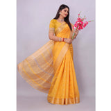 Yellow silk blend woven saree with unstitched blouse, vibrant and elegant fashion for women