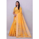 Yellow silk blend woven saree with unstitched blouse, vibrant and elegant fashion accessory for traditional events
