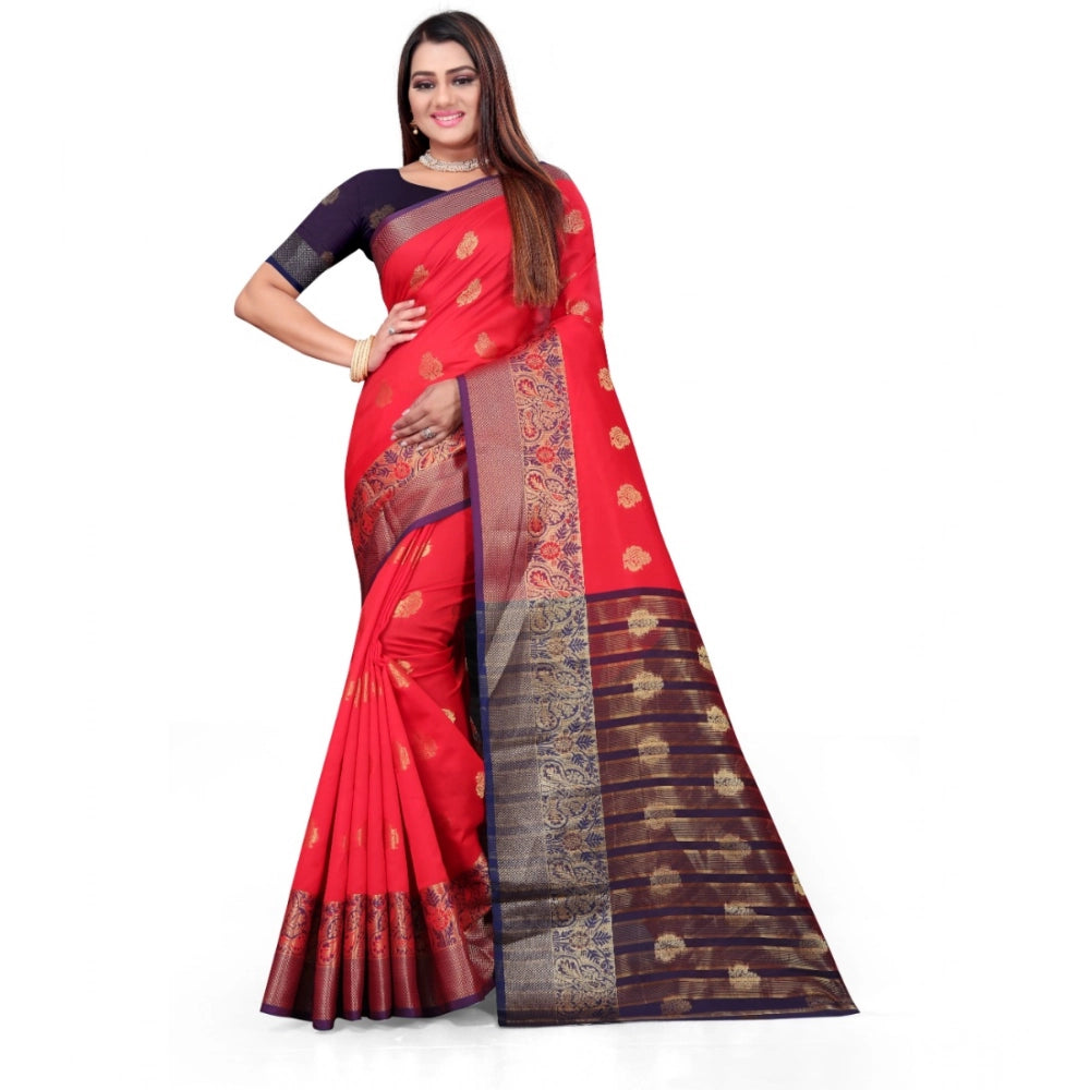 Red silk blend woven saree with unstitched blouse, elegant traditional Indian women's wear