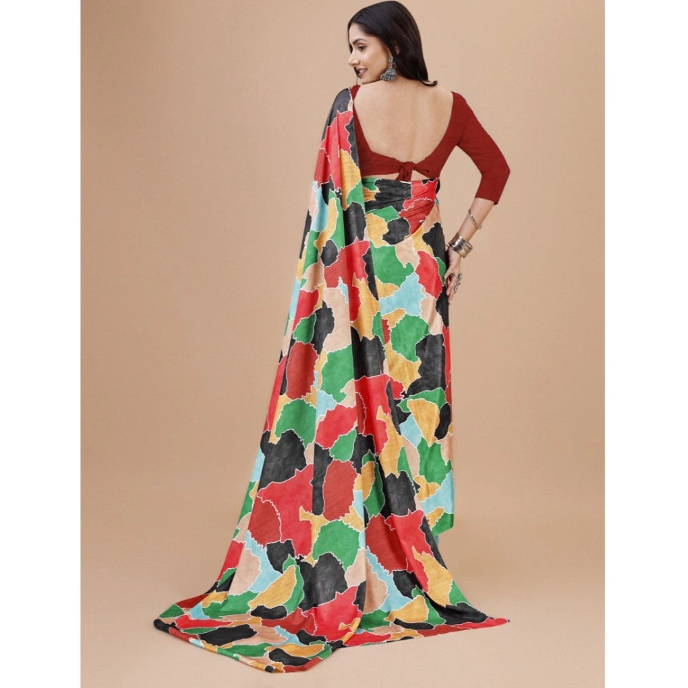 Red crepe digital print saree with unstitched blouse, vibrant design on traditional attire