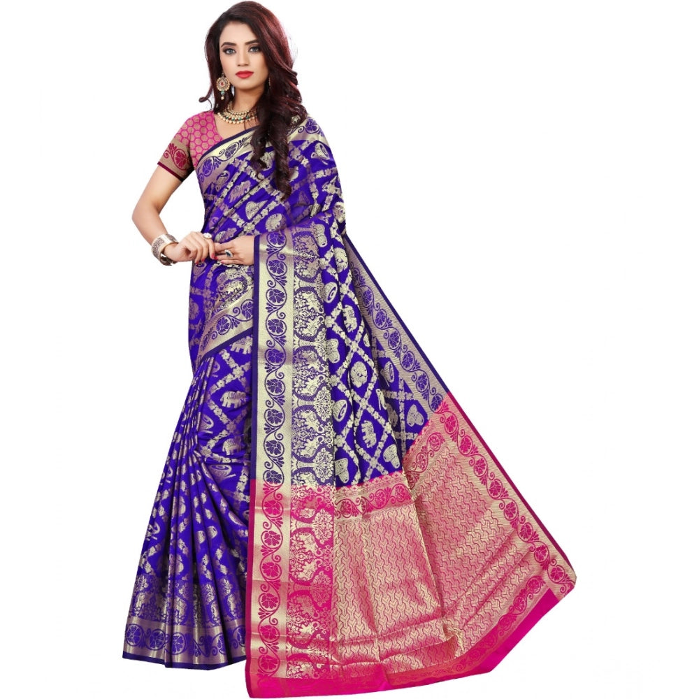 Blue jacquard woven saree with unstitched blouse, vibrant design for traditional Indian wear