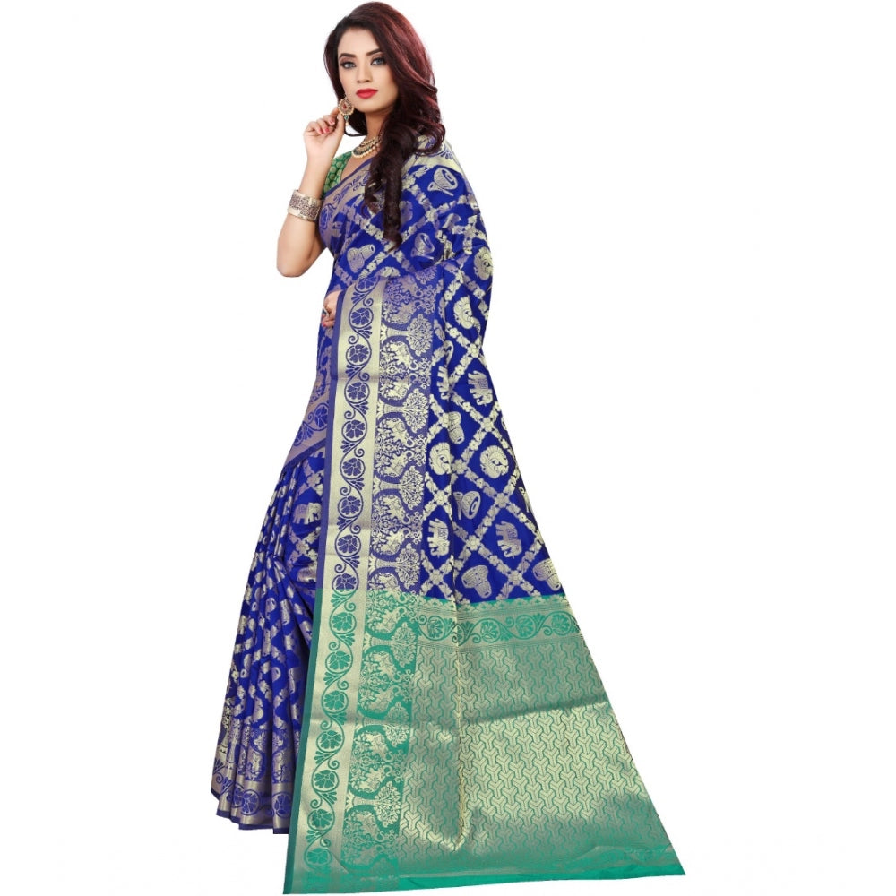 Blue jacquard woven saree with unstitched blouse, 5.5mtr length on mannequin