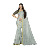 Light Blue cotton blend solid/plain saree with unstitched blouse, 5.5mtr for Indian women's fashion
