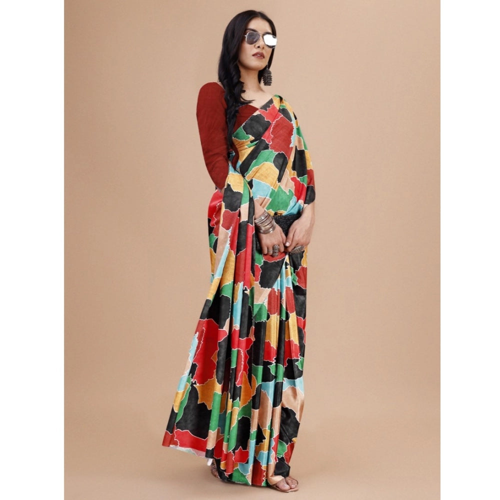 Red crepe digital print saree with unstitched blouse, vibrant design on 5.5mtr