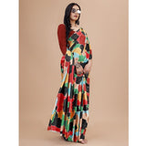Red crepe digital print saree with unstitched blouse, vibrant design on 5.5mtr