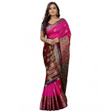 Pink-Beige silk blend woven saree with unstitched blouse, 5.5Mtr on model for Indian women's fashion event