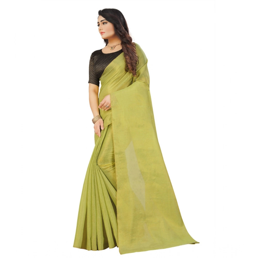 Light Green cotton silk self-design saree with unstitched blouse, vibrant Indian fashion accessory on display stand