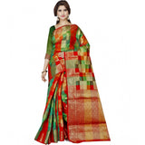 Red jacquard woven saree with unstitched blouse, vibrant traditional Indian attire for women
