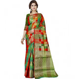 Green jacquard woven saree with unstitched blouse, vibrant green fabric showcased on model