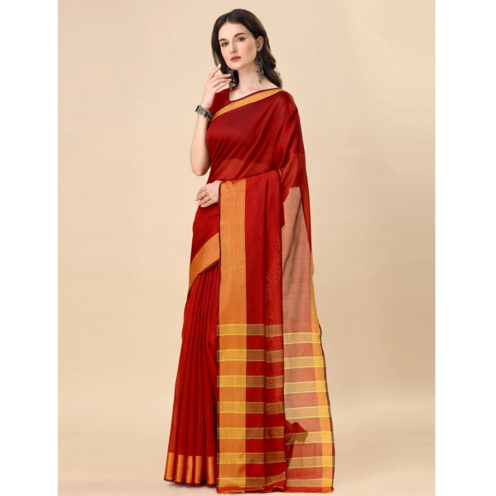 Red striped cotton silk saree with unstitched blouse (5.5mtr)