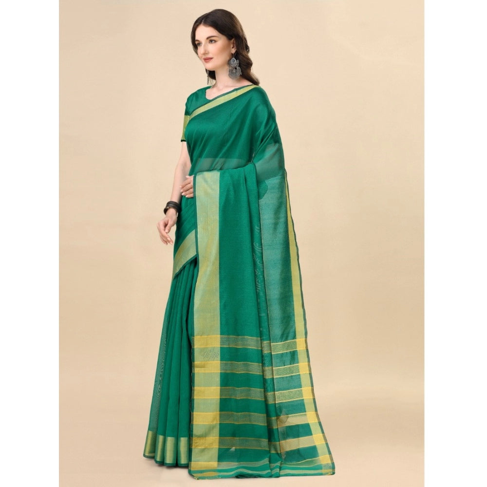 Light green cotton silk striped saree with unstitched blouse, ideal for traditional wear