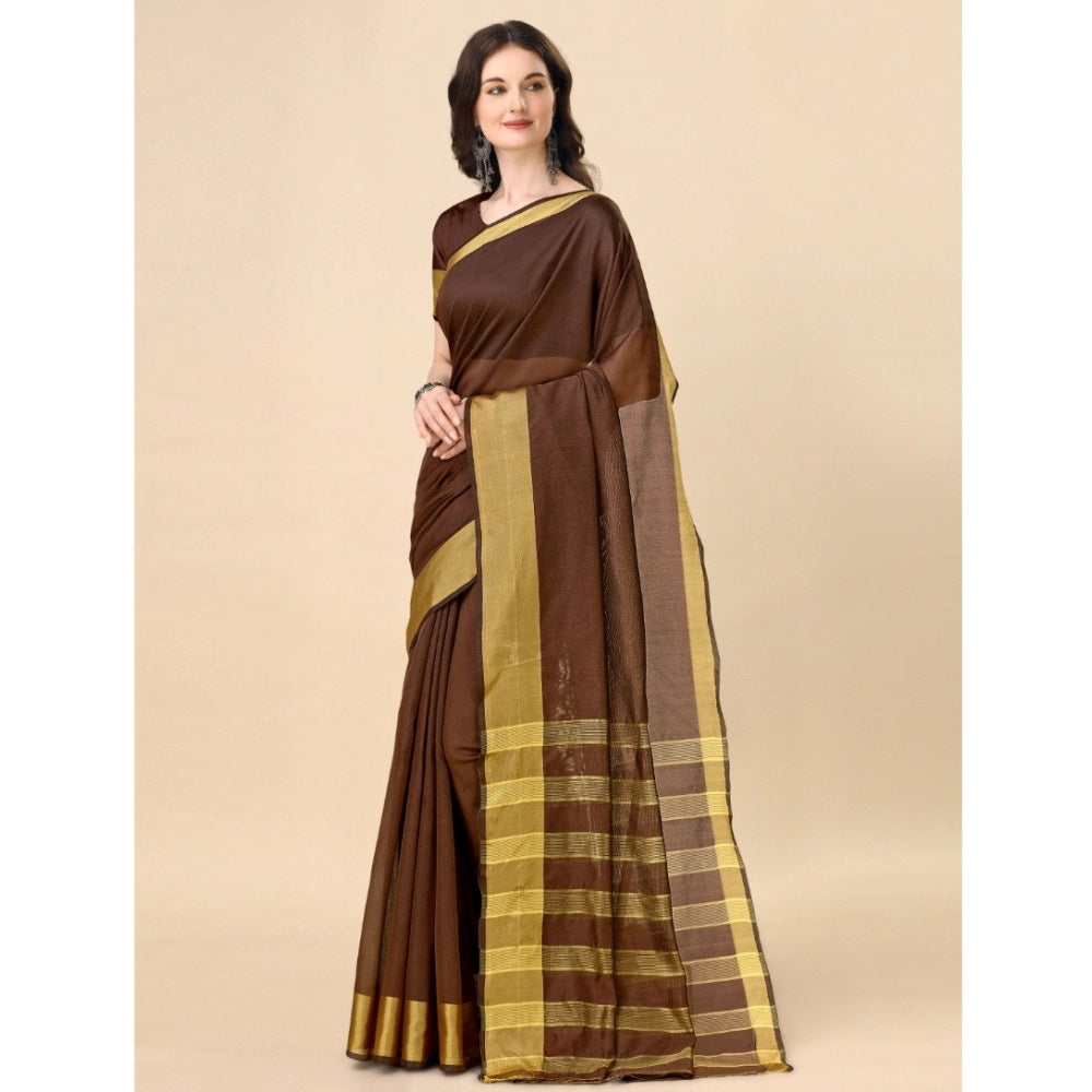 Brown cotton silk striped saree with unstitched blouse (5.5mtr)