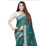 Women's Cotton Silk Embroidered Saree With Unstitched Blouse 5.5Mtr (Dark Green)
