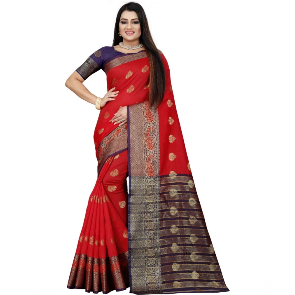 Purple-red silk blend woven saree with unstitched blouse, vibrant traditional Indian wear