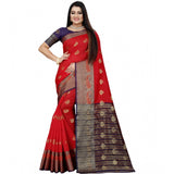 Purple-red silk blend woven saree with unstitched blouse, vibrant traditional Indian wear