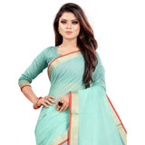 Women's Cotton Silk Checkered Saree With Unstitched Blouse 5.5Mtr (Light Blue)