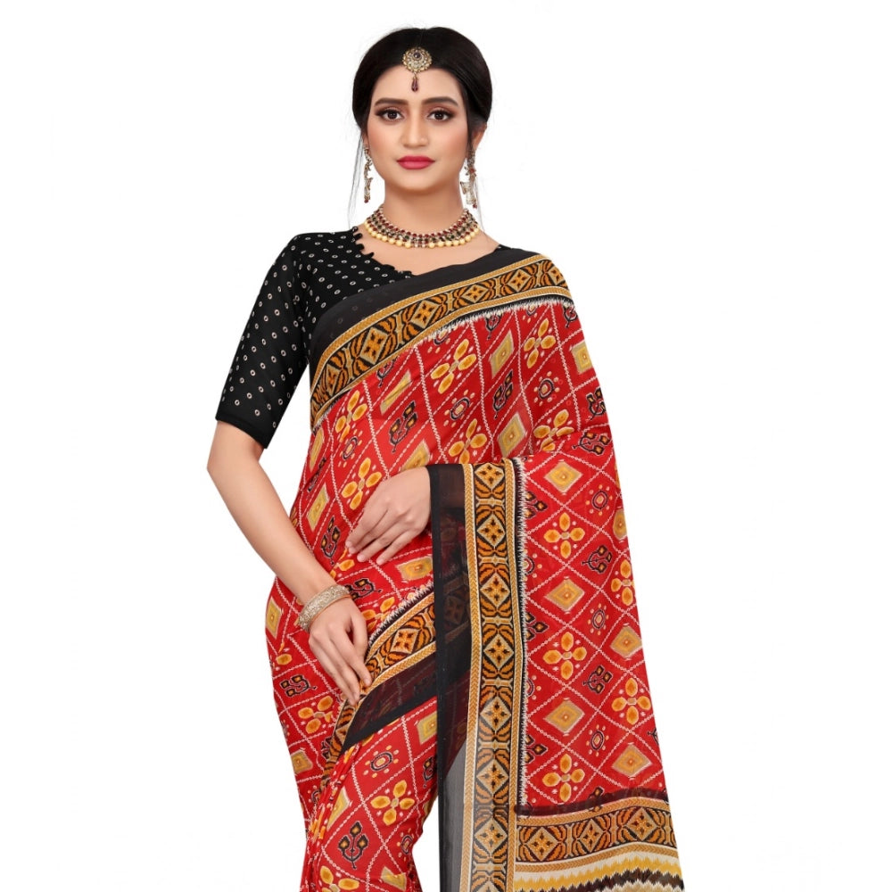 Red georgette floral print saree with unstitched blouse, vibrant blooms on 5.5mtr fabric