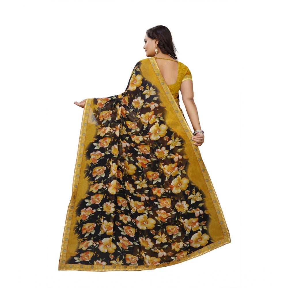 Black-mustard Georgette floral print saree with unstitched blouse, vibrant and intricate design